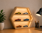 Hexagon Wooden LED Display Rack for Hot Wheels & Collectibles