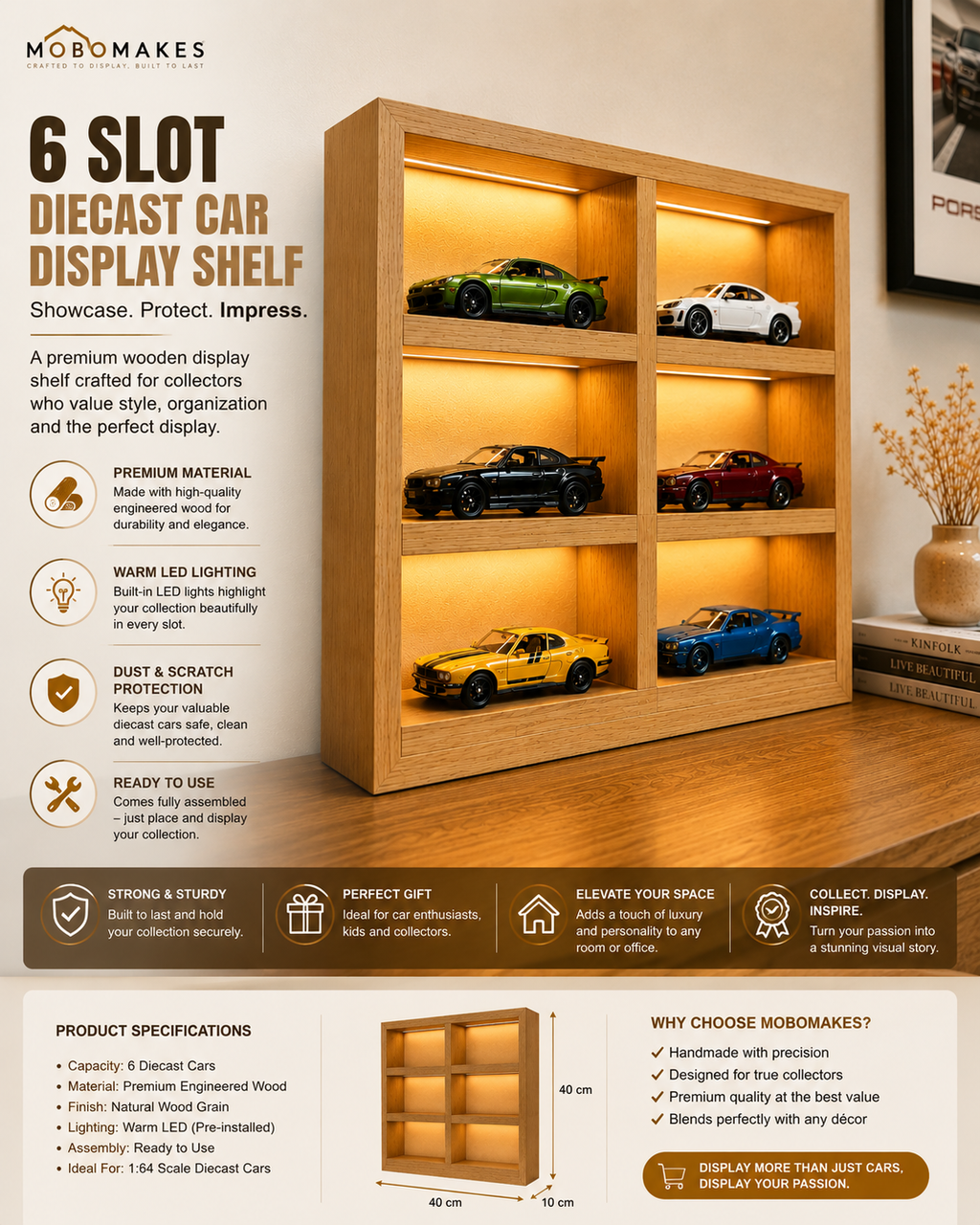 Premium Wooden Diecast Car Display Shelf