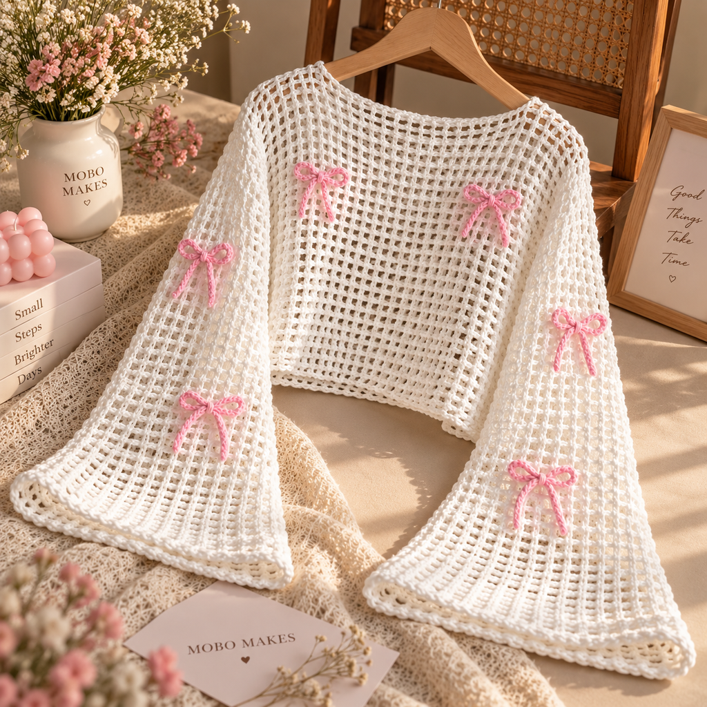 Handmade Crochet Bow Bell Sleeve Shrug – White Knit Open-Front Layering Top