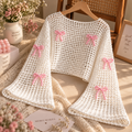 Handmade Crochet Bow Bell Sleeve Shrug – White Knit Open-Front Layering Top
