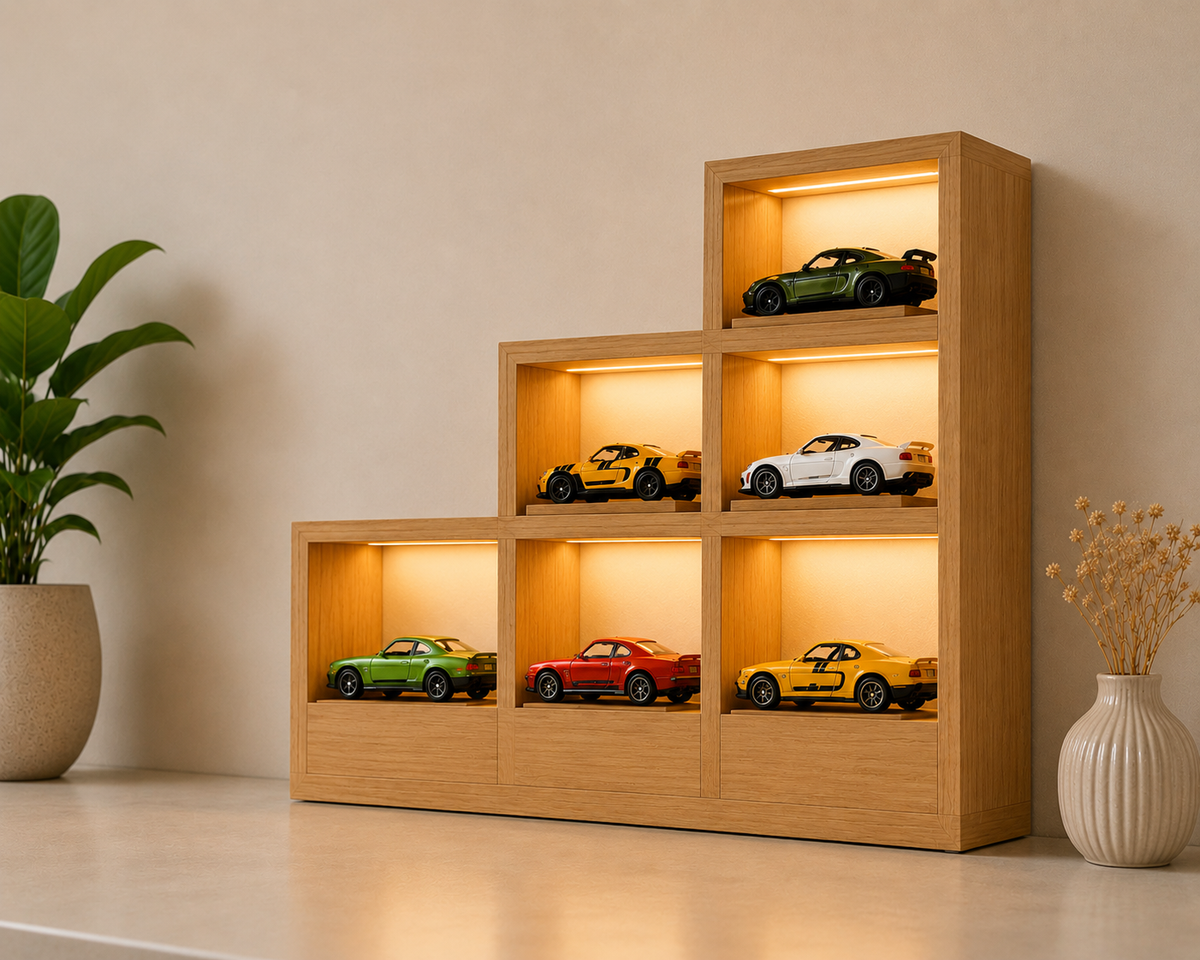 Premium Wooden Hot Wheels Display Rack with LED Lights | 6-Car Die-Cast Display Shelf