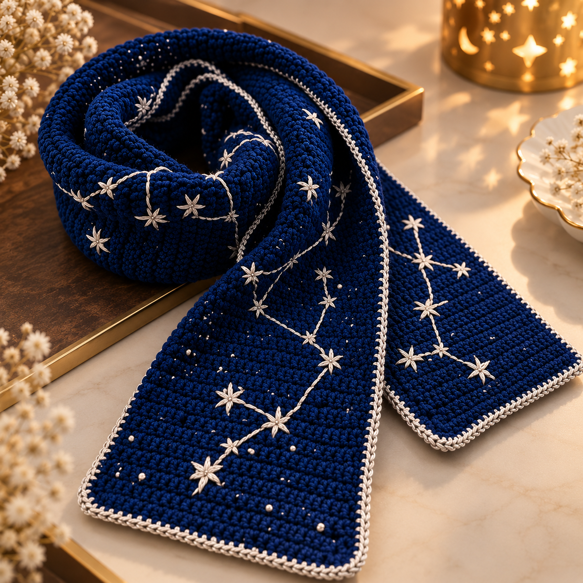 Handcrafted Navy Blue Crochet Embroidered Scarf |