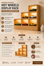 Premium Wooden Hot Wheels Display Rack with LED Lights | 6-Car Die-Cast Display Shelf