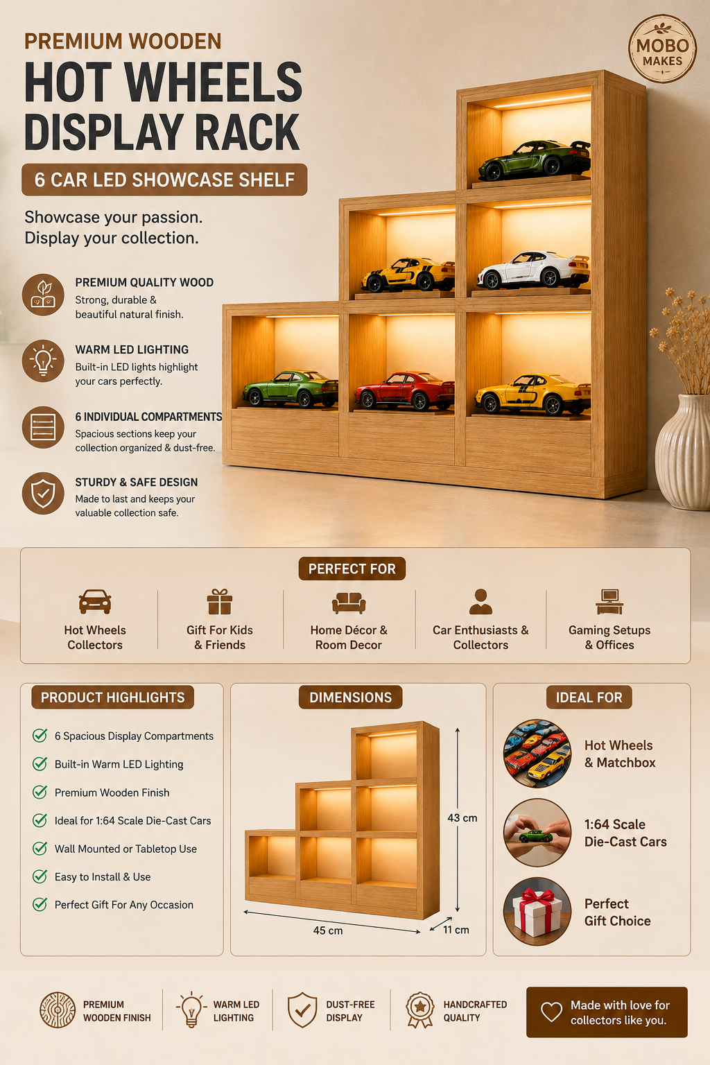 Premium Wooden Hot Wheels Display Rack with LED Lights | 6-Car Die-Cast Display Shelf