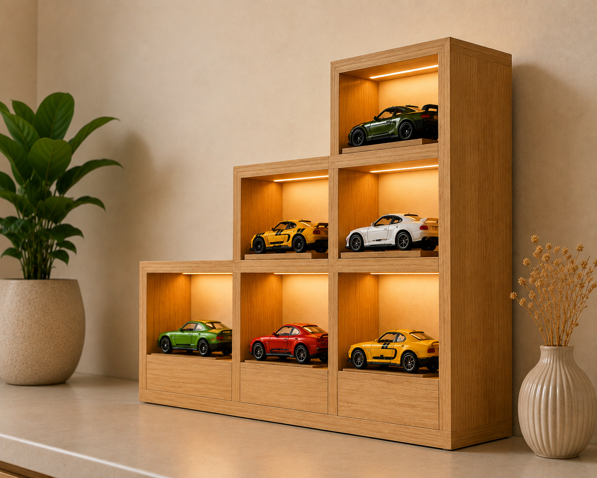 Premium Wooden Hot Wheels Display Rack with LED Lights | 6-Car Die-Cast Display Shelf