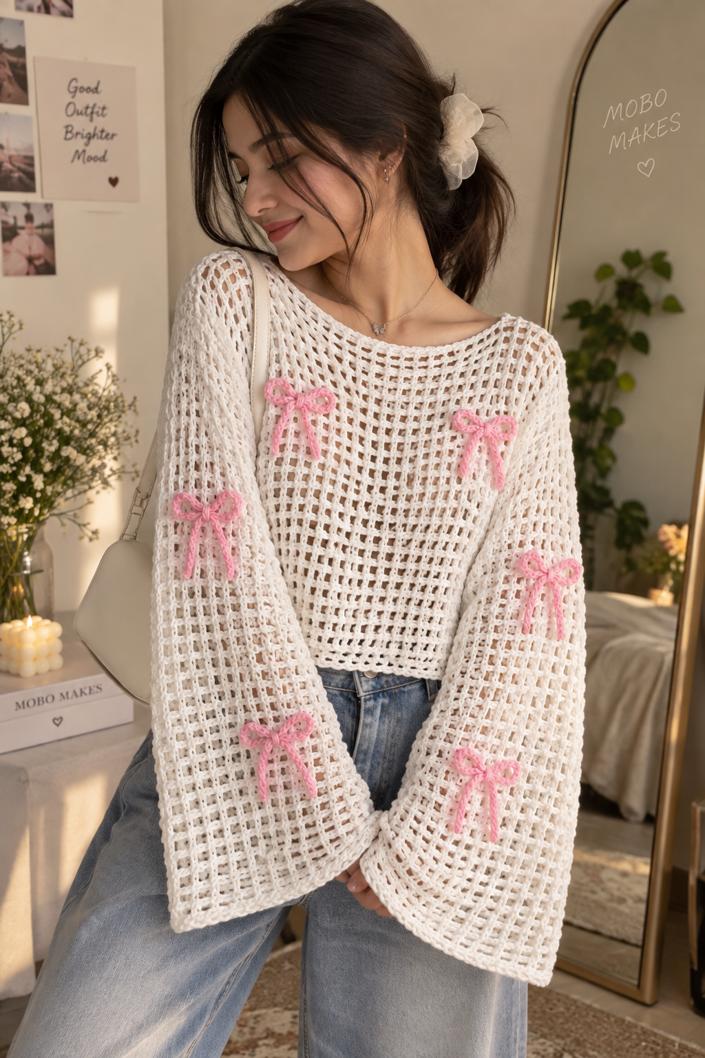 Handmade Crochet Bow Bell Sleeve Shrug – White Knit Open-Front Layering Top