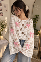 Handmade Crochet Bow Bell Sleeve Shrug – White Knit Open-Front Layering Top