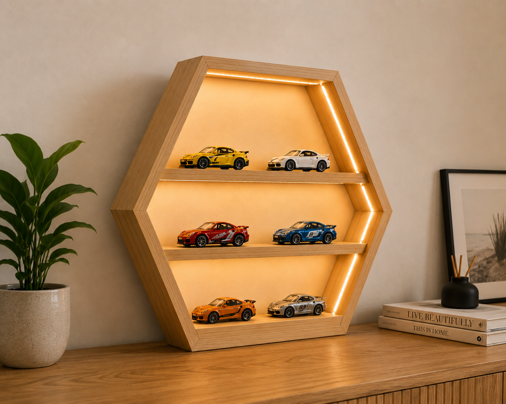 Hexagon Wooden LED Display Rack for Hot Wheels & Collectibles